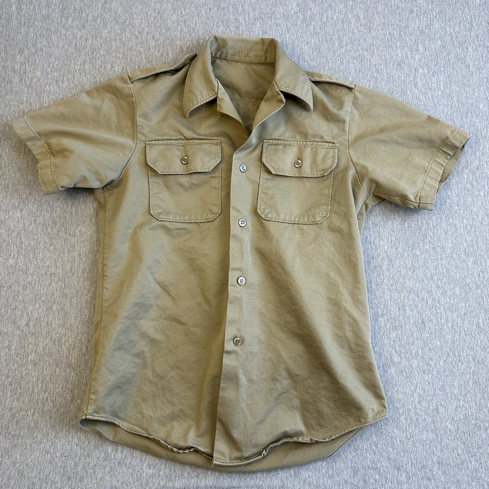 VTG US ARMY Khaki Uniform Short Sleeve Tan Shirt - Sz Small - See Pics